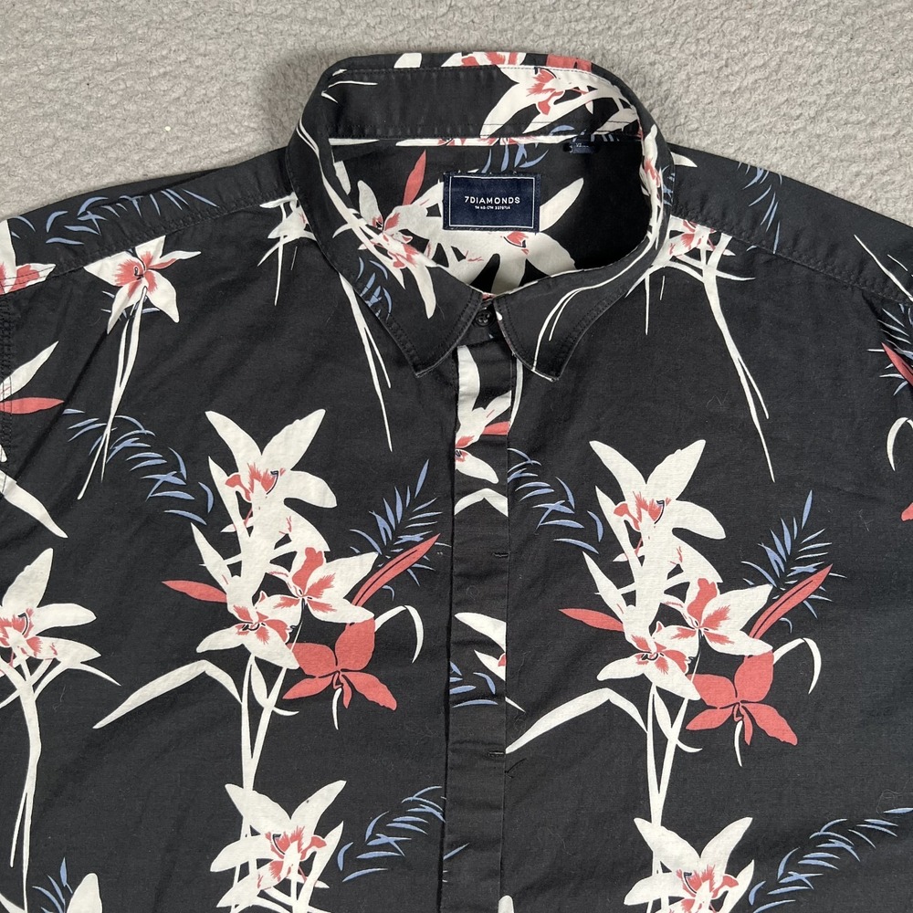 7 Diamonds Shirt Mens XL Black Floral Button Up Casual Preppy‎ Cuffed Sleeve